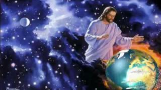 Jesus holds revolving world with Three Angels' Messages flying