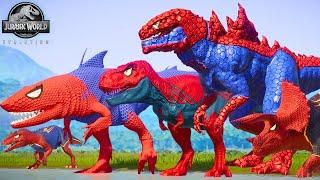 RED SPIDERMAN TEAM 2 Battle in Jurassic World SuperHero Spider-man Dinosaurs!