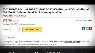 PSD24G8002S Patriot 4GB PC2-6400 DDR2-800MHz non-ECC Unbuffered CL6 200-Pin SoDimm Dual Rank Memory