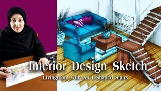 Interior Design Sketch | livingroom with L-shape Stairs