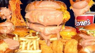 ASMR MUKBANG EXTRA CANES SAUCE MCDONALDS BIG MAC BURGERS CHEESY BULDAK CHICKEN & FRIES | WITH CHEESE
