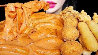 ASMR CHEESY ROSE TTEOKBOKKI, CHEESE BALL 신전 로제떡볶이, 치즈볼, 치킨 EATING SOUNDS MUKBANG