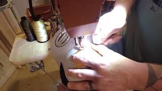 Sewing a leather hat patch on a Cobra Class 26 machine