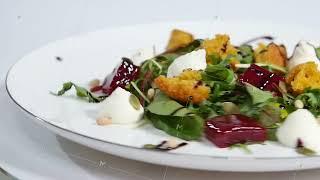 Cucumber salad with grilled tuna. Arugula and Beet Salad with Goat Cheese and Candied Nuts. Salad of