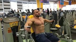 Bearded muscle god Andrey Melnikov (Russia) pushing hard at the gym to make his pecs even BIGGER!