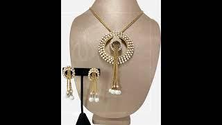 Vintage ALICE CAVINESS Glorious Large Necklace and Earrings Demi-Parure - White Milk Glass Rhines...