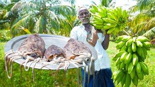 GIANT SQUID with RAW BANANA RECIPE | Village Style Tasty Food | Grandpa Cooking Show