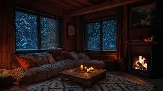 Peace and Comfort in a Log Cabin | Soft Fireplace Sounds and Falling Snow for Deep Sleep 