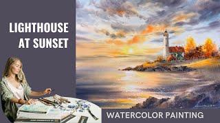 Autumn Landscape in Watercolor | Lighthouse at Sunset | Painting by Eugenia Gorbacheva