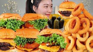 ASMR 간단하게 햄버거 5개 양파링 산처럼 쌓아서 통피클 먹어볼게요 리얼먹방 :) hamburger , Onion ring MUKBANG