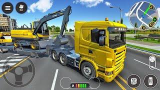 Transporting Heavy Excavator to Construction Site - Long Trailer Truck Driving - Android Gameplay