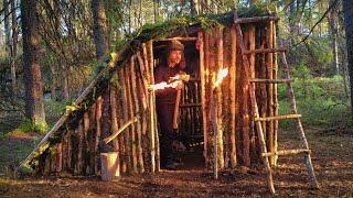 Building a bushcraft survival shelter | Pump fire drill, workbench, char cloth, torches, axe skills