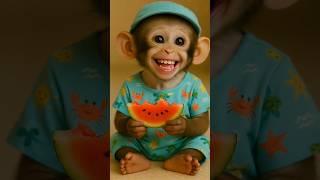 baby monkey eating watermelon