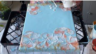 Blossoms on PASTEL BLUE BaseUsing Thicker PaintBalloon Smash Acrylic Fluid Art Tutorial (#26)