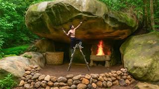 Building a Warm and Cozy Stone Shelter for Survival - 1 Year of Bushcraft Living in the Rainforest