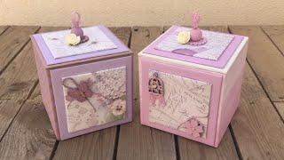 Cajas de cartón decoradas con pintura y papel de scrapbooking