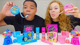 PINK FOOD VS BLUE FOOD CHALLENGE, HUBBA BUBBA RACE, PUSH POP, JUICY DROP GUM CANDY MUKBANG