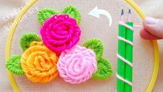 Superb Woolen Rose Making Idea with Pencil - Hand Embroidery Amazing Trick - DIY Woolen Flowers