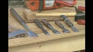 Building log cabin: Hand held cutting tools, Oxhead axe, Broad axe, Adze, Framing chisels, Slick