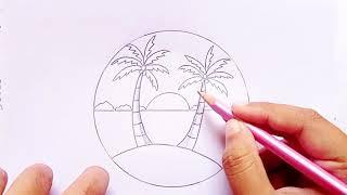 Trees with sunrise scenery drawing in circle