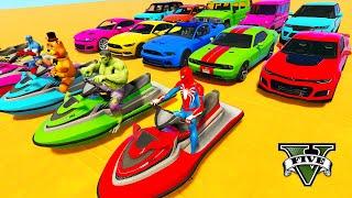 SPIDERMAN CARS Racing Challenge on MULTI Rampa ! SUPERHERO HULK Goku Motos BIKE JET SKI Race - GTA 5