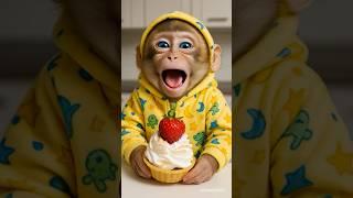 baby monkey eating strawberry cake 