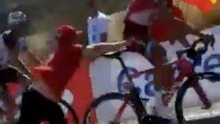 Spectator Pushes over Maxim Belkov on Stage 12 of the 2017 Vuelta a Espana