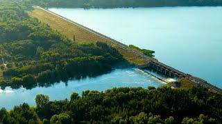 ПЕЧЕНЕЖСКОЕ ВОДОХРАНИЛИЩЕ дамба, пляж и шлюзы обзор с высоты. Водоемы Харьков и Харьковская область