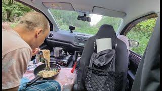 solo camping and cooking in my car