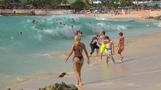 Maho Beach,  St. Maarten. Big waves and Planes. Dec. 10, 2014. 4K