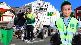 Garbage truck route with kids power wheels trucks to help real garbage truck dump trash | Super Krew