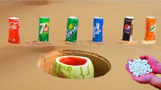 Different Fanta ,Coca Cola, Mtn Dew, Pepsi, Sprite Other Sodas vs Mentos in Watermelon Underground!