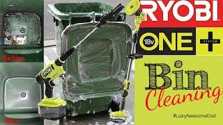 Cleaning BIN trash can with Ryobi telescopic scrubber and EZclean power washer 600psi pressure ASMR