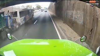 Road debris flew from under truck into car's windshield | Dump truck rear ends bus |  American Truck