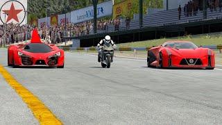 Ferrari F80 Concept vs Kawasaki Ninja H2R vs Nissan Concept 2020 Vision GT at Old SPA