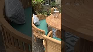 teak garden furniture round #teaktable chairs #teakbench combo with cushions @gardensuk96