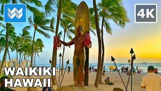 [4K] Waikiki Beach at Night in Honolulu Hawaii - Walking Tour & Travel Guide  Binaural Sound