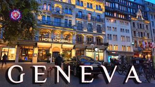 SWITZERLAND GENEVA  Currently Evening walk in metropolitan City Center / Luxury Shopping Streets 4K