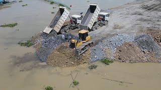 Unthinkable Machine Equipment Build New Road Bulldozer Push Big Stone to Water &25Ton Truck Unloads