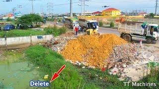 Best Action Filling Land Up Processing Use Mini Dozer Spreading Stone Into Pond Slope & Dump Trucks