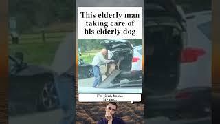 Elderly Man Taking Care Of His Old Dog With Love