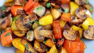 Recipe for delicious mushrooms with vegetables in a pan. Easy and fast!