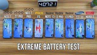 Redmi Note 13 Pro+ vs iQOO Neo 7 Pro vs Poco F5 vs S21 FE 5G / Nord 3 / Note 13 Pro Battery Test 