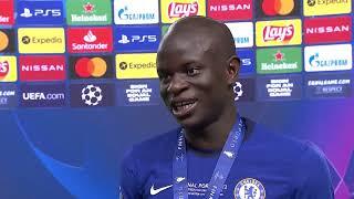 N'Golo Kanté reacts to winning the UEFA Champions League.