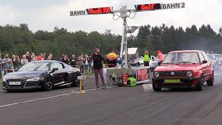 600HP VW Golf 2 VR6 TURBO vs Audi R8 vs Dodge Challenger SRT8