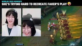 Cute: She's trying so hard to recreate Faker's Azir play  | T1 vs JDG | Worlds 2023 | Faker GOAT