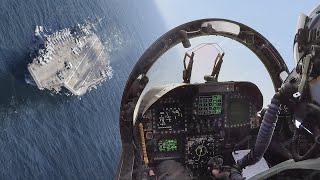 Skilled US F-18 Pilot Negotiates Crazy Landing Approach on Aircraft Carrier