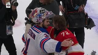 Sergei Bobrovsky shakes hands with Shesterkin and Panarin after the series (1 jun 2024)