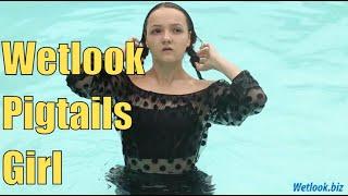 Wetlook pigtails girl gets wet in the pool fully clothed | Wetlook tights | Wetlook short skirt