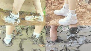 White high top sneakers and white socks on mud(56)(Full video 42min 05sec)